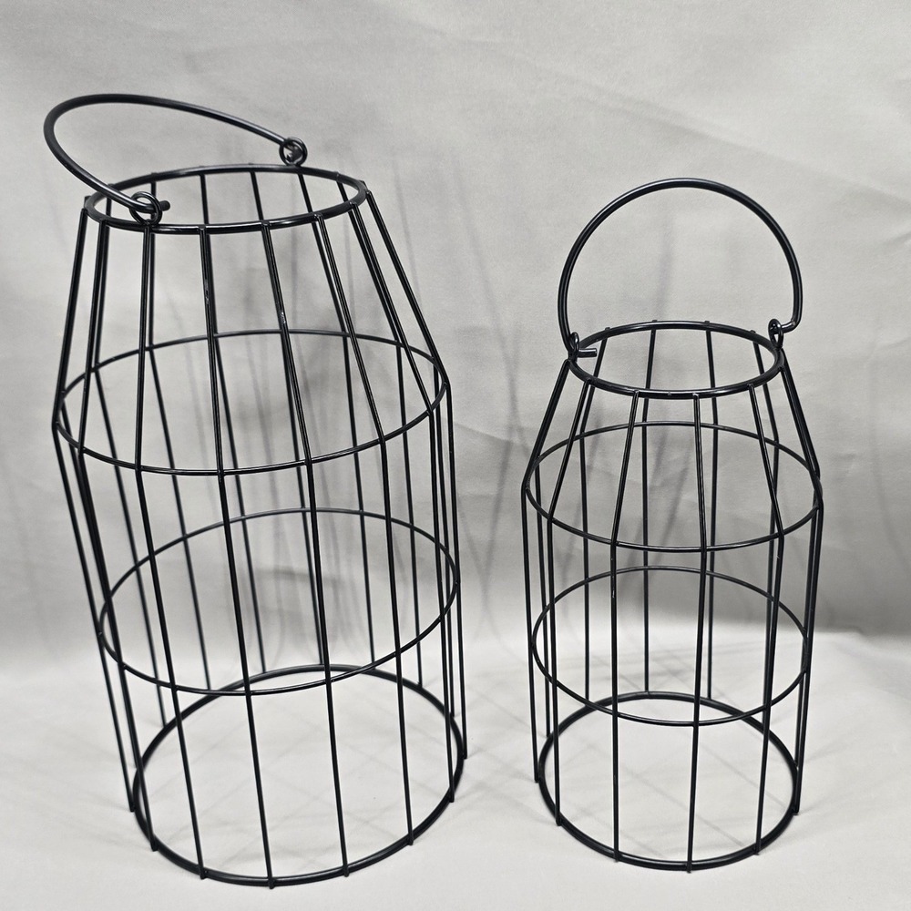 Black Metal Wire Lantern Set 2pc Candle Holder Industrial Farmhouse Table Decor